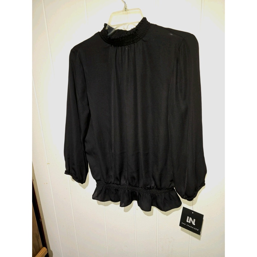Whimsigoth Edwardian Blouse Blk LN Victorian Steampunk Bishop Sleeve High Neck M